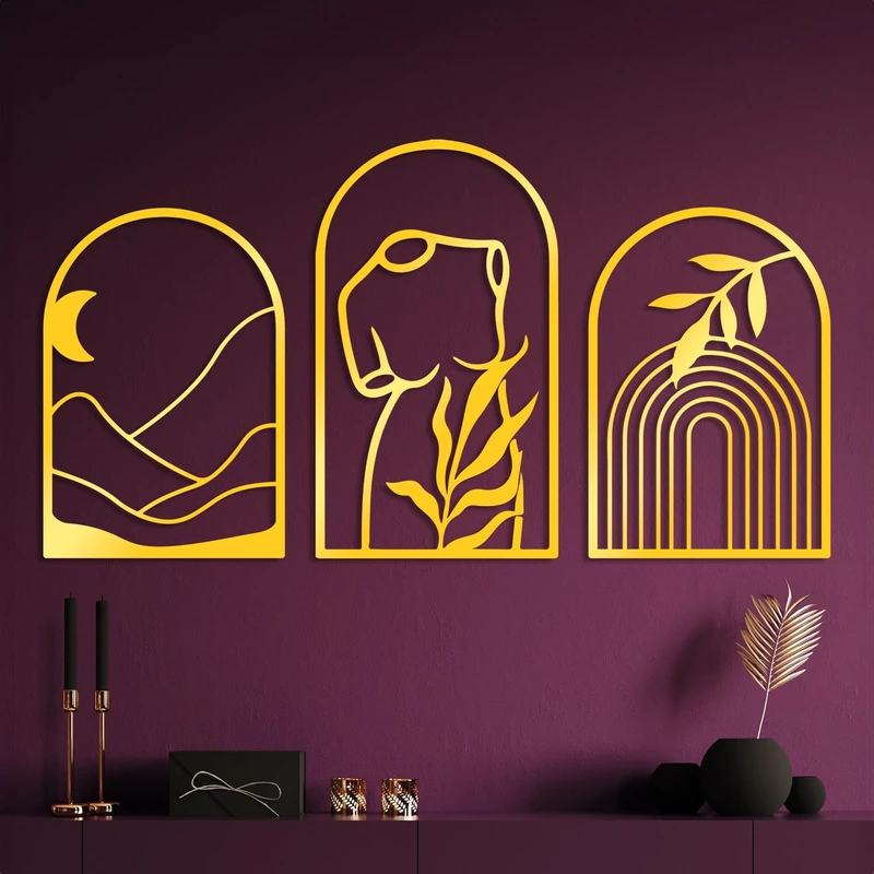 Elegant Gold Decorative Metal Wall Accessory (3 Pieces) | 1.5 mm Thickness, 58 x 40 cm & 69 x 40 cm | Perfect for Modern Home Decor & Stylish Interiors - Image 1