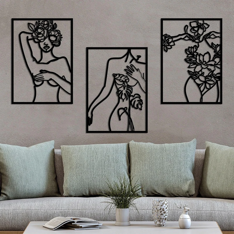 Stylish Black Decorative Metal Wall Accessory (3 Pieces), 50 x 70 cm, 100% Metal, 1.5 mm Thick, Perfect for Modern Home Decor & Gallery Walls