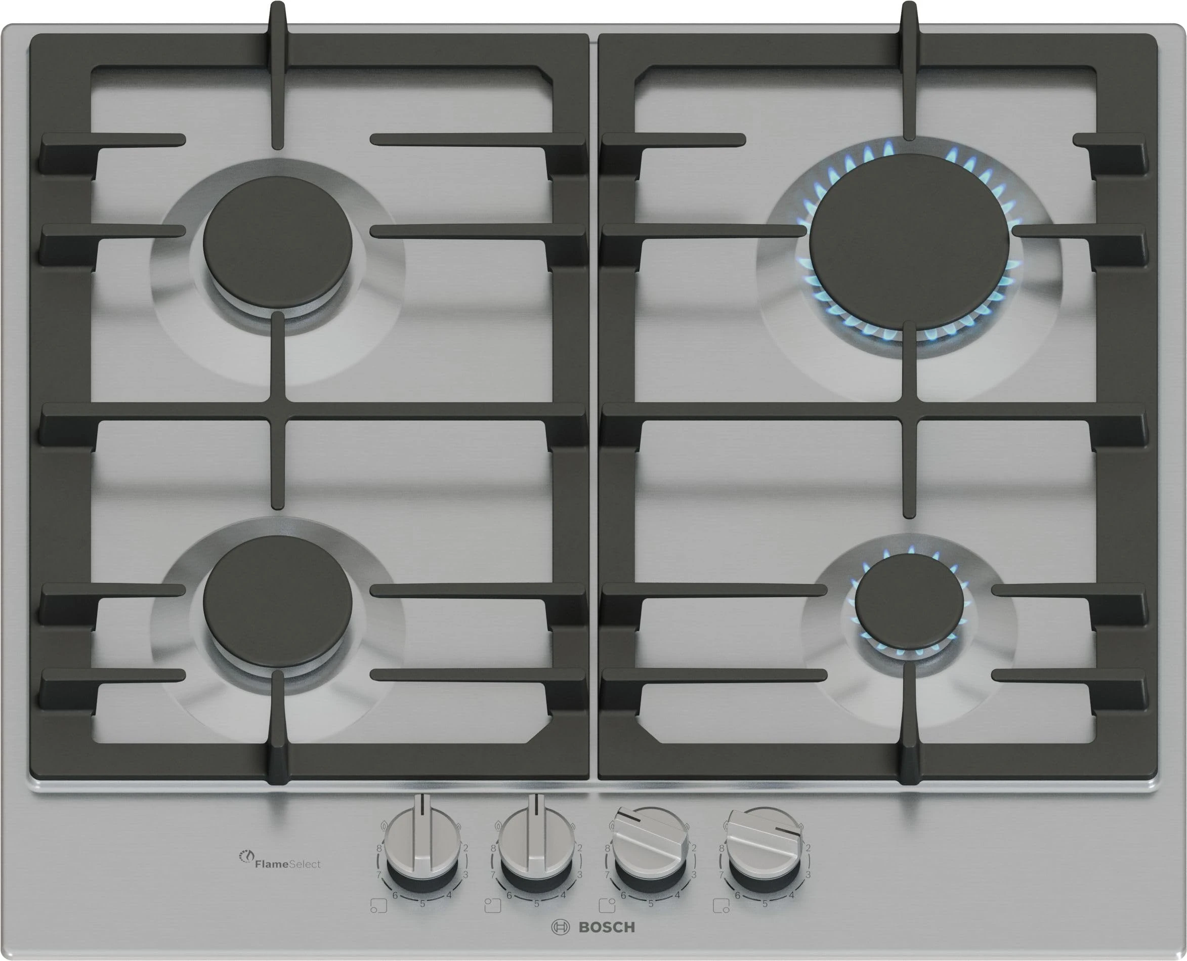 Bosch, Series 6, PCP6A5I90, 60cm Gas Hob with 4 burners, Optimised FlameSelect, 2 Dishwasher suitable cast iron pan supports, Detachable metallic sword dials