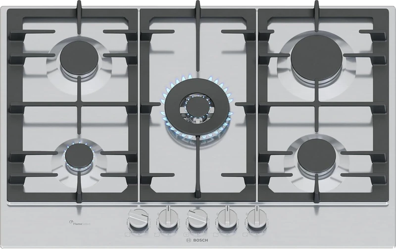 Bosch PCQ7A5I90 Series 6, FlameSelect Gas Hob, Removable Magnetic Knobs, WOK, Cast Iron Grills, Steel, 75 cm