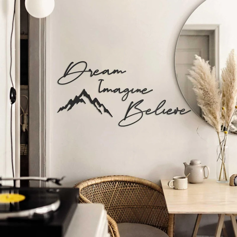 Decorative Metal Wall Accessory Set (4 Pieces) | 100% Steel, 1 mm Thick | Black | Dream 15 x 45 cm, Imagine 14 x 36 cm, Believe 11 x 32 cm, Mountain 19 x 39 cm - Image 1