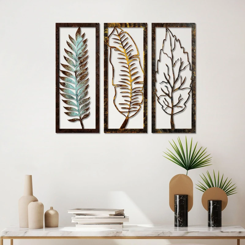 Hand-Painted Decorative Metal Wall Accessory (3 Pieces), 55 x 22 x 1.5 cm, 100% Metal, 1.5 mm Thickness, Unique Art for Home Décor, Colour Variations May Occur - Image 1