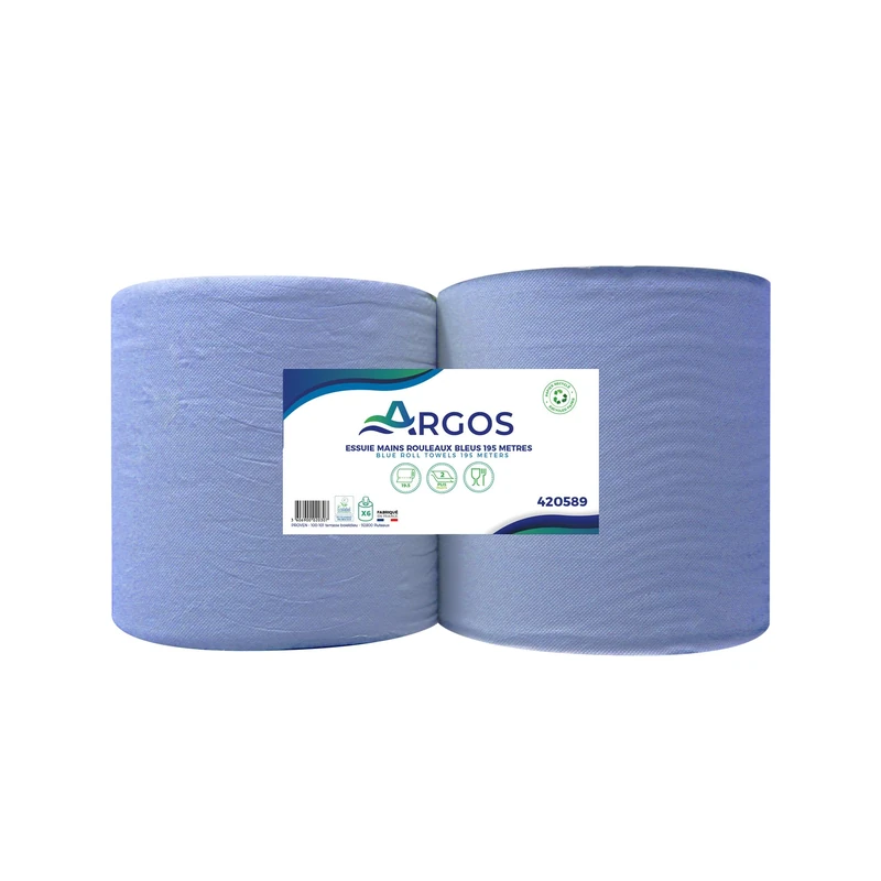 ARGOS - Hand Towels - Blue Rolls - Recycled Cellulose - Optimal Absorption - Food Contact - 195M - Made in France