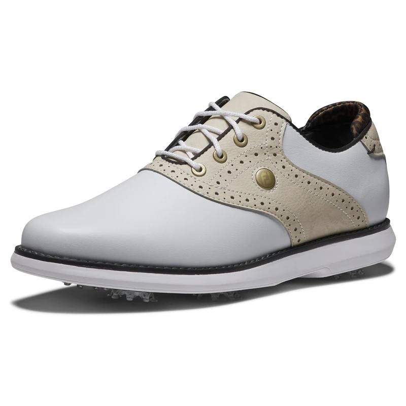 FootJoy FJ Traditions Women's Golf Shoe, White/Tan/Black, 5.5 UK Wide