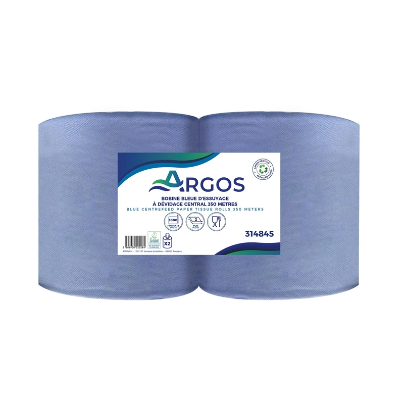 ARGOS - Blue Central Feed Wiping Coil - Recycled Cell - Optimal Absorption - 2 x 350M - Food Contact - Made in France