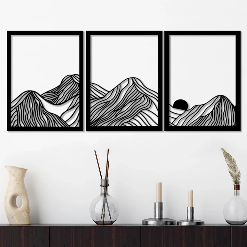 Hanah Home Stylish Black Decorative Metal Wall Accessory (3 Pieces), 38 x 49 cm, 100% Metal, 1.5 mm Thickness, Easy Wall Mounting, Perfect for Modern Decor