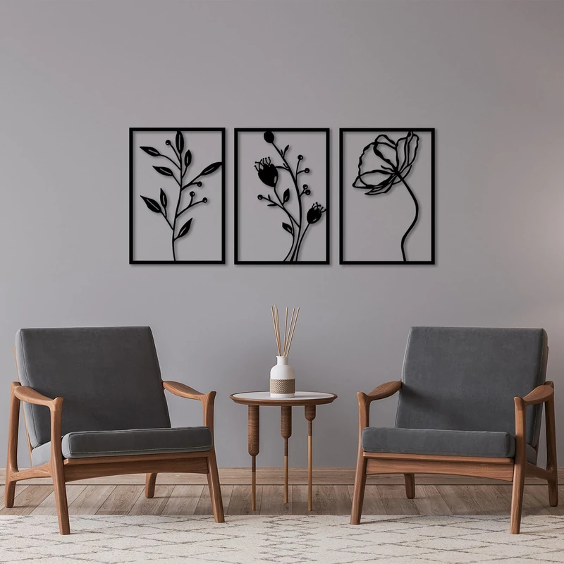 Stylish Black Decorative Metal Wall Accessory (3 Pieces), 49 x 70 cm, 100% Metal, 1.5 mm Thickness, Perfect for Modern Home Decor & Art Display