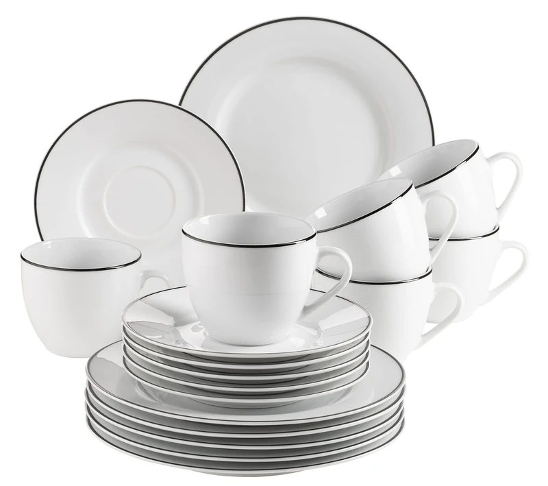 Mäser, Nola Series, Coffee Service for 6 People, Modern White with Black Trim, 18-Piece Crockery Set with Coffee Cups, Saucers & Dessert Plates - Round Coffee Tableware, Coffee Set, White