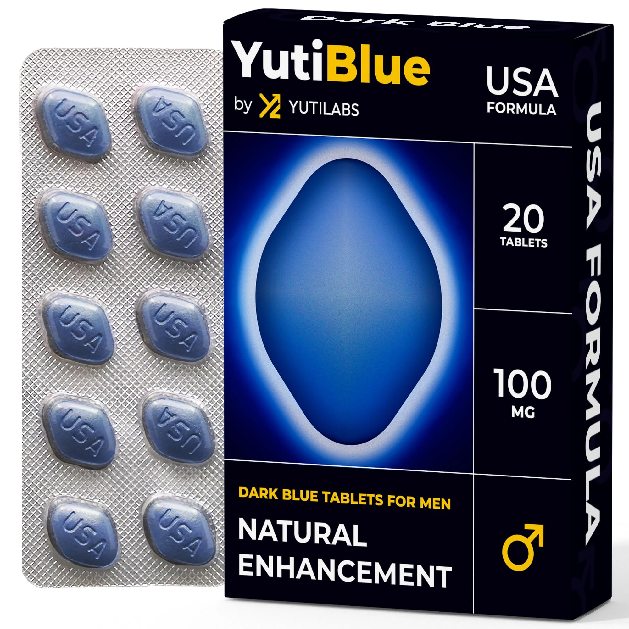 YutiLabs - 20 USA Blue Tablets for Men | Extra Strength Formula | Fast-Acting Power & Vitality Boost | High Stamina & Peak Performance | Stronger & Harder | American Ginseng Supplement | Made in UK