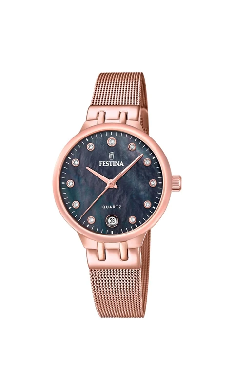 Festina Ladies Rose Gold PVD-Plated Watch with Zirconia Sets and Mesh Bracelet F20716/2