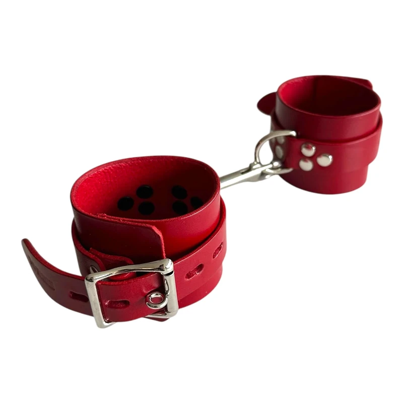 Slap Leather Premium Leather Wrist Cuffs, Lockable Design, Red, Silver Buckle