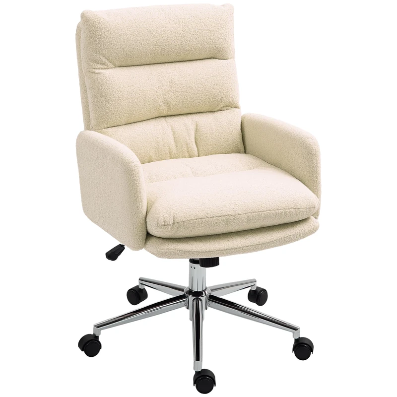 HOMCOM Home Office Chair, Upholstered Sherpa Fleece Desk Chair with Height Adjustable, Tilt Function and 360° Swivel Wheels for Home Office and Study Room, Cream White