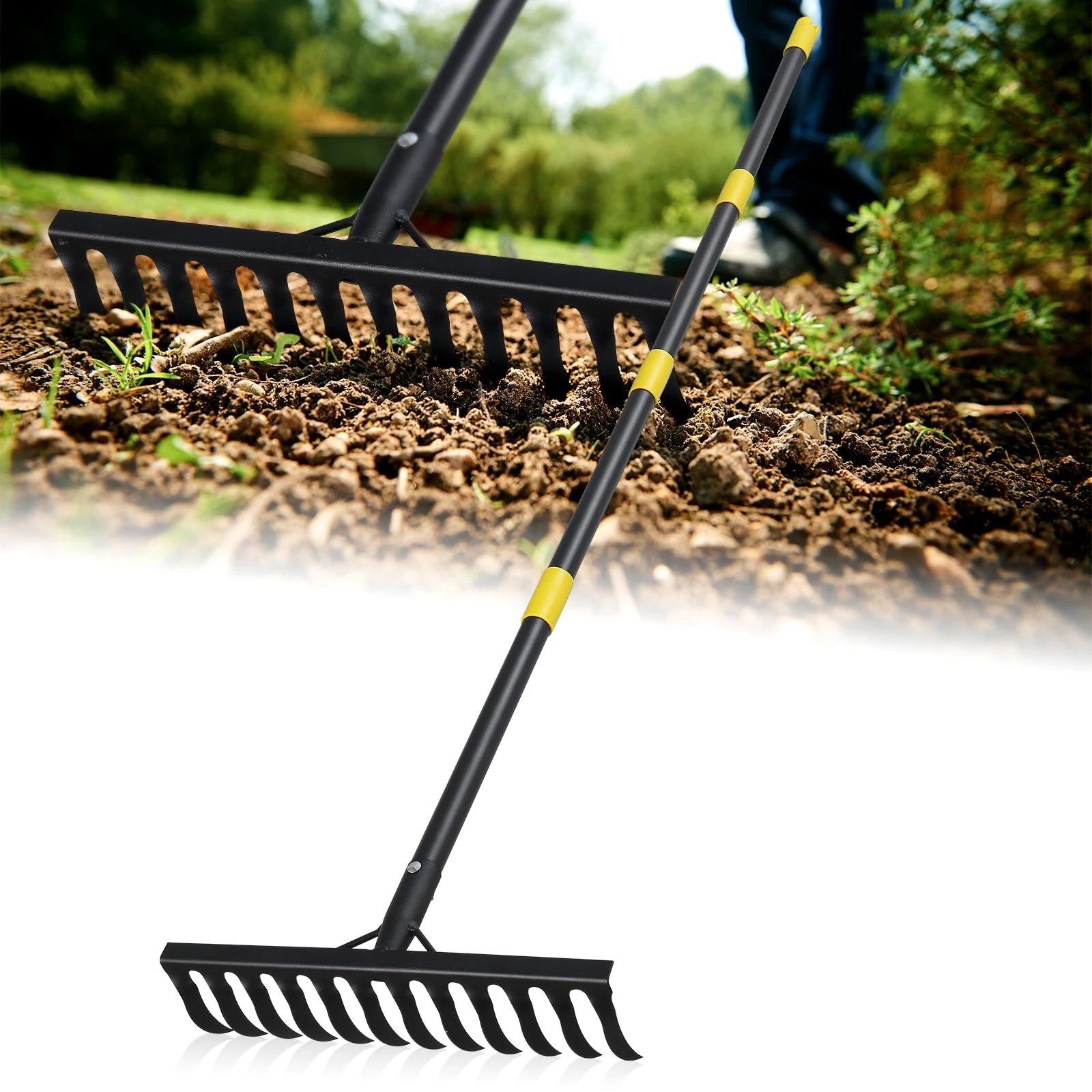 Rake, 152 cm Bow Rake with 12 Tines, Long Handle Heavy Duty Garden Rake for Loosening Soil, Cleaning Leaves, Weeding, Thatch, Garden Tool