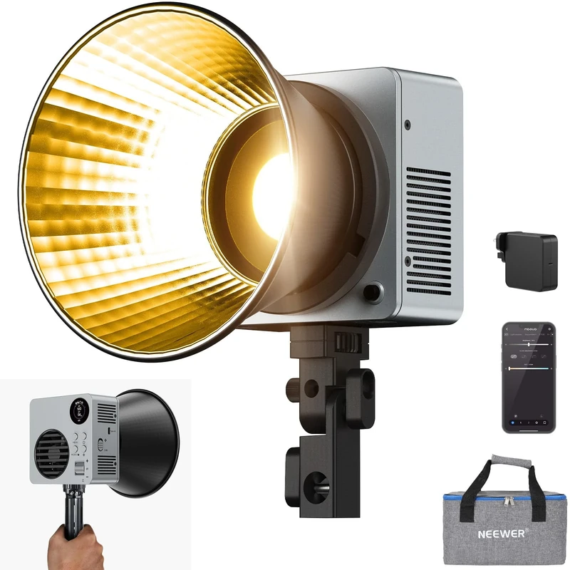 NEEWER 80W LED Video Light with 72Wh Battery & 100W PD Adapter APP/2.4G Control Portable Bi Color Mini COB Studio Continuous Output Lighting 25500lx/1m 2700-6500K 0-100% Dimming CRI95+ 13 Scene, HB80B