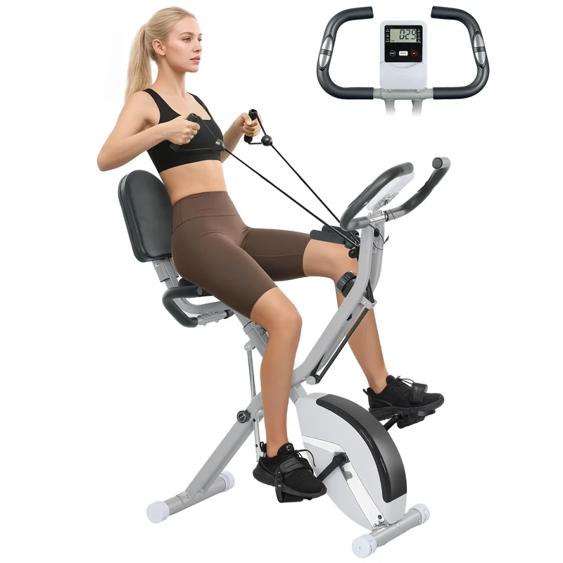 SPORTNOW 5-In-1 Foldable Exercise Bike for Home with 8-Level Magnetic Resistance, Upright/Recumbent Folding Stationary Bike with Arm Workout Bands, Heart Rate Sensor, Comfortable Seat Cushion, White