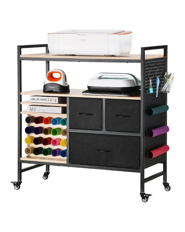 VEVOR Rolling Craft Cart and Storage Table, Compatible with Cricut Machines, Crafting Table Organization Workstation, Craft Rolling Storage Organizer with 20 Vinyl Roll Holders and 3 Drawers, Black