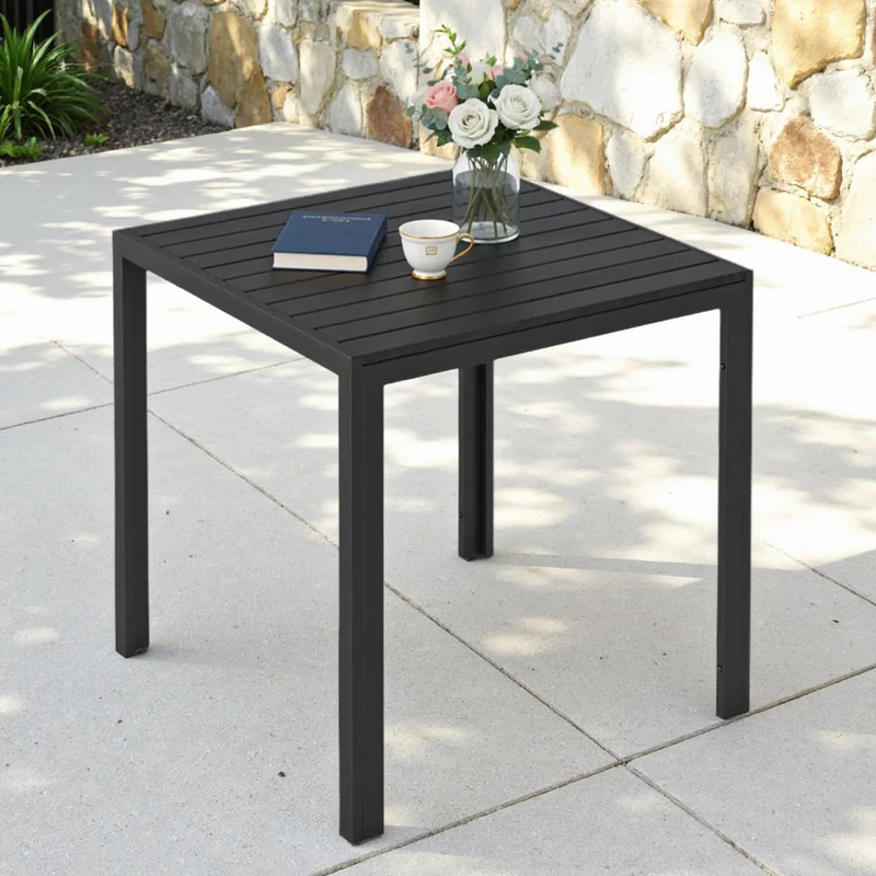 Clevich Weatherproof Garden Table, 75 x 75 cm, Outdoor Dining Table, WPC Balcony Table, Aluminium Frame, Weatherproof Garden Furniture, Square Patio Table, Black