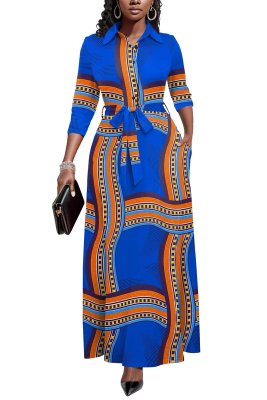 Runwind Women Church Maxi Dresses 3/4 Sleeve Button Down Print Casual Office Dress African, Royal Blue Print, L