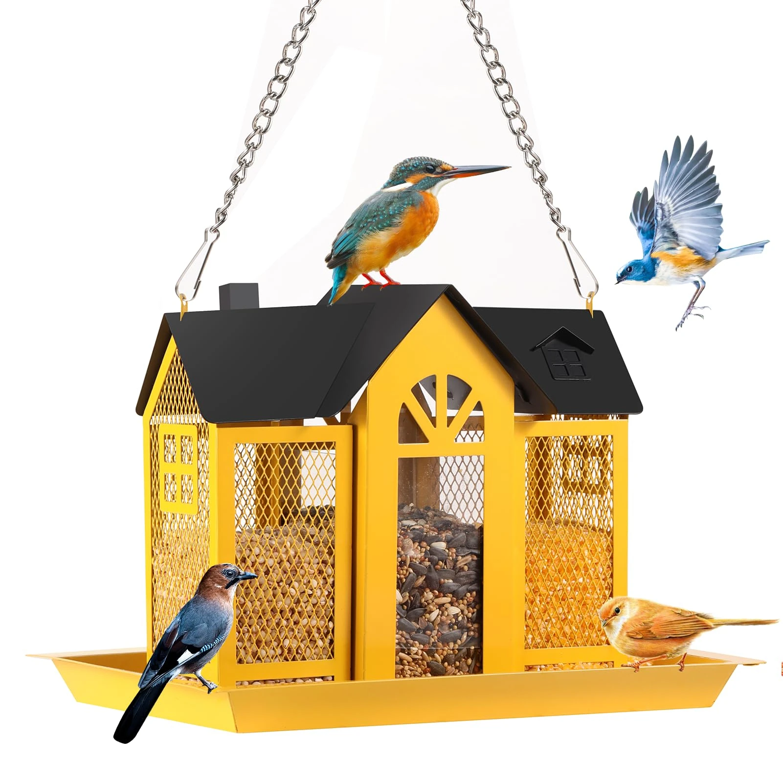 GOYOXOKY Bird Feeders for Outdoors, Large Capacity Squirrel Proof Bird Feeder, Metal Hanging Birdhouses with Perch and Roof for Gardens, patios, Decks and lawns, Yellow