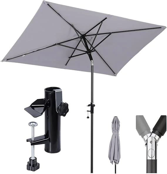 Sekey 200 x 125 cm Parasol Balcony Parasol Rectangular with Holder Parasol Holder for Balcony, Patio and Garden, Windproof, Tilting, UPF 50+