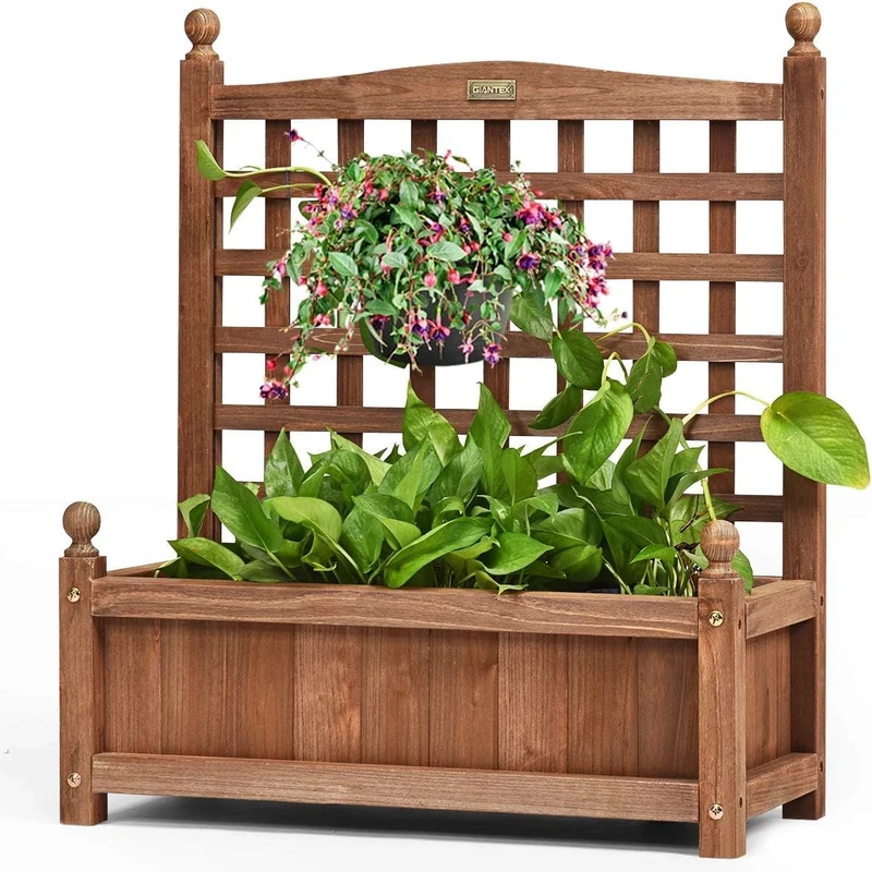 FANTASK Flower Box with Trellis, Wooden Planter, Raised Bed with Trellis, Flower Pot Trellis Support for Climbing Plants - Image 1