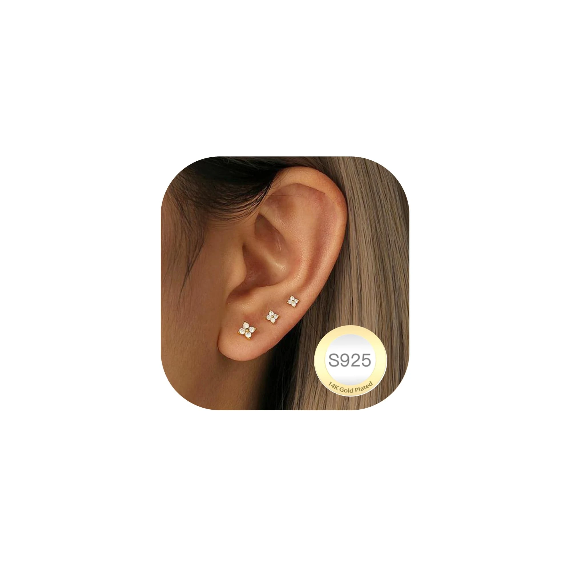 DORANA 3 Pairs Small Gold Stud Earrings for Women Hypoallergenic 14K Gold Studs Earring Dainty Small Cubic Zirconia Tiny Cute Studs Earring Set for Multiple Piercings