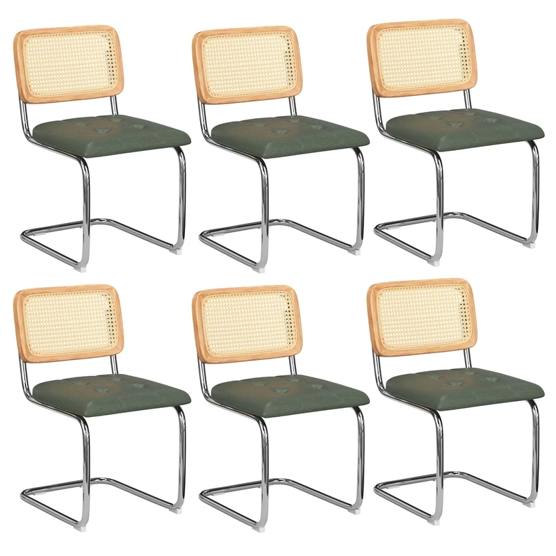 Sunon Dining Chairs Set of 2, Breathable Rattan with Boucle Upholstery, Leather Accent Chairs for Kitchen, Dining Room, Living Room, Bedroom, Dark Green