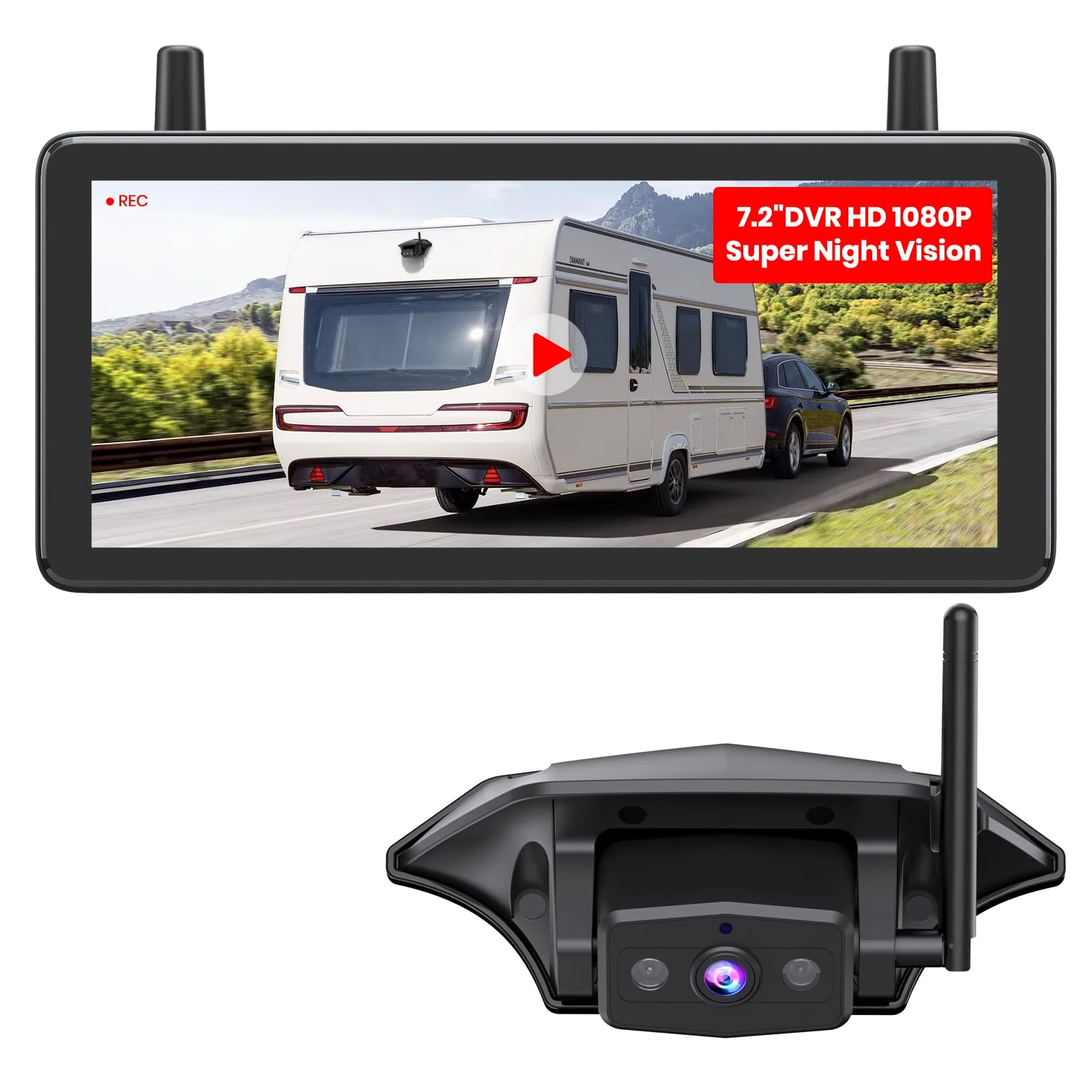AUTO-VOX Wireless Reversing Camera Kit: HD 1080P 7.2" Reverse Camera with DVR System, Stable Signal, IR Night Vision, 3-Channels Wide Angle Rear View Camera for Motorhome/Caravan/Trailer/Fifth Wheels