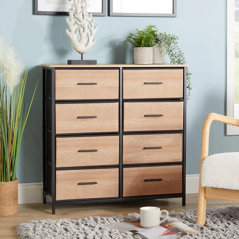 Home Source Bedroom Compact Storage Cabinet Chest, Metal Frame, 8 Fabric Drawers, MDF Fronts, Natural Finish
