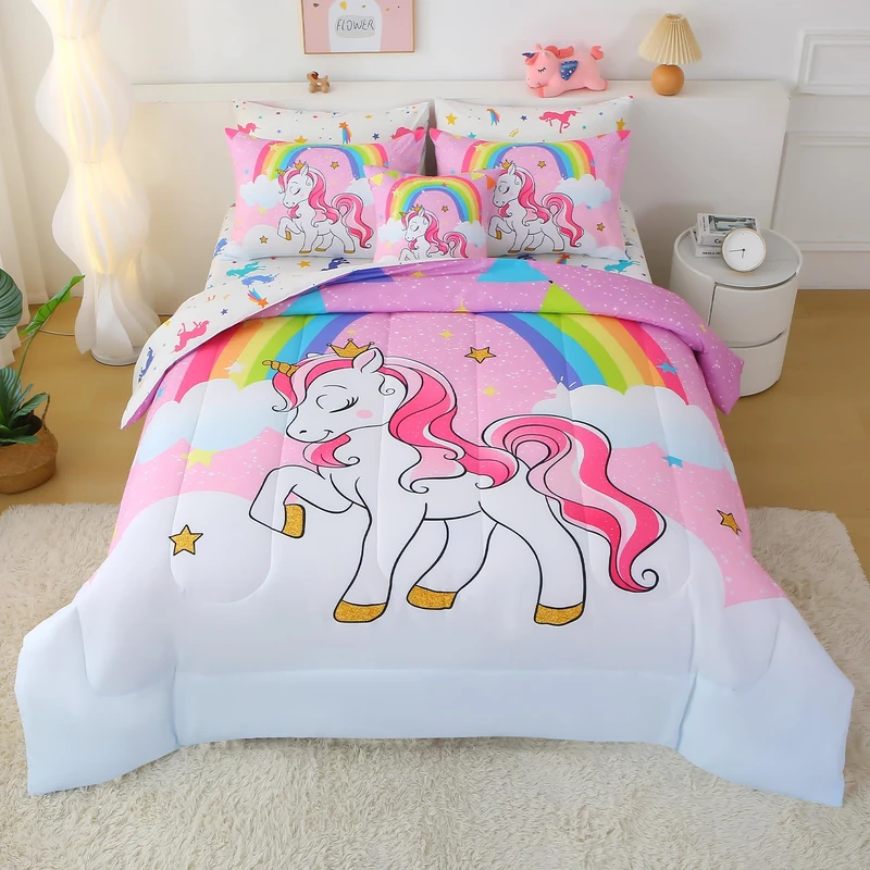 JQinHome Unicorn Twin Bedding Sets for Girls Kids,6 Piece Bed in A Bag 3D Pink Sky Rainbow Clouds Theme Unicorn Comforter Set with Sheet Set(Pink Purple)