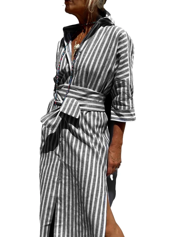 utcoco Womens 2025 Shirt Dress Casual Lapel 3/4 Sleeve Button Down Split Belted Vacation Maxi Dress, Black Striped, S