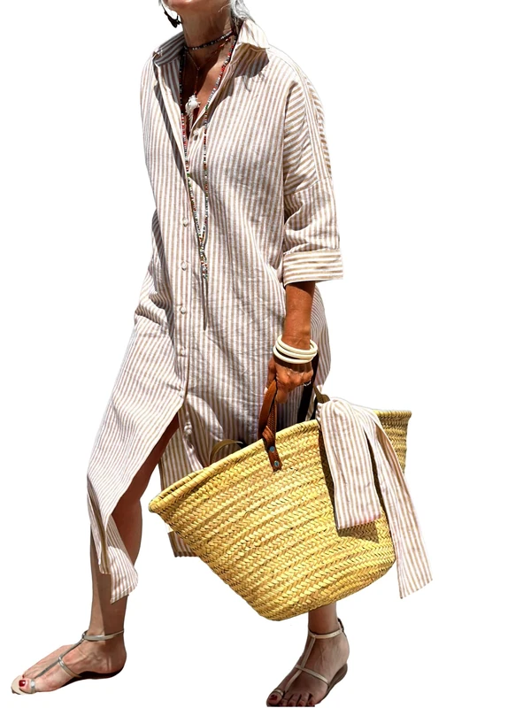 utcoco Womens 2025 Shirt Dress Casual Lapel 3/4 Sleeve Button Down Split Belted Vacation Maxi Dress, Khaki Striped, L