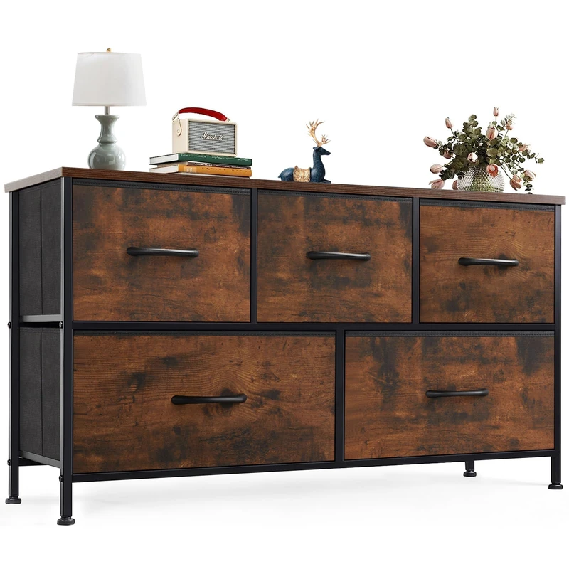 Sweetcrispy Chest of Drawers, Sideboard Living Room for Bedroom with 5 Fabric Drawers, Adjustable Feet, Drawer Cabinet, Comode Cabinet for Bedroom, Modern Brown
