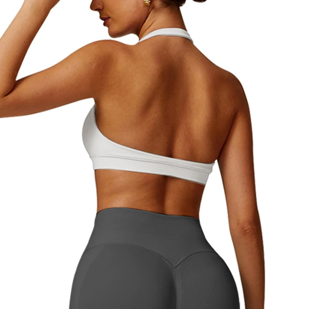 JN JANPRINT Workout Sports Bras for Women Halter Neck Running Bra Padded Open Back Seamless Bralette Gym Bra Yoga Crop Top White