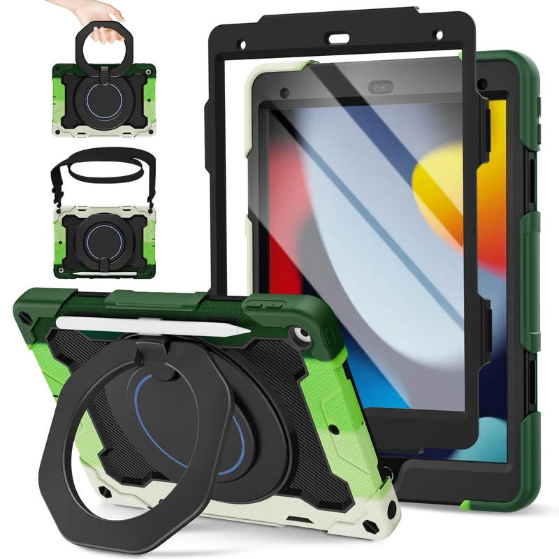 ROISKIN Kids Case for iPad 9th 8th 7th Generation 10.2 Inch (2021/2020/2019) with HD Screen Protector & Rotating Stand & Pencil Holder & Shoulder Strap,Shockproof Military iPad 10.2 Case,Black-Green