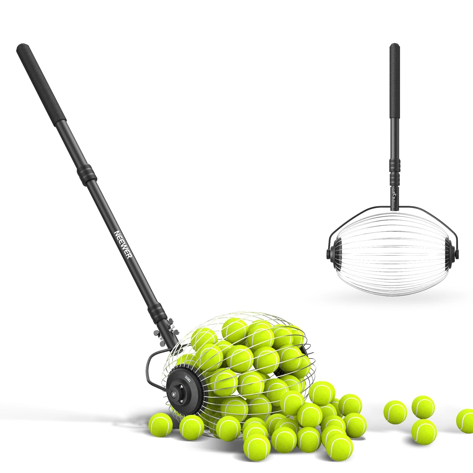 NEEWER Tennis Ball Hopper, 30-58"/77-148cm Telescopic Ball Retriever Picker Upper, Rolling Collector Basket Holder Roller for Tennis Balls, Training Accessories & Equipment, TB01S