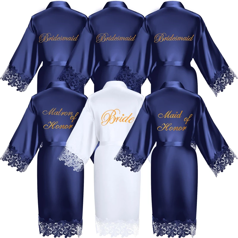 Coume Set of 6 Bridesmaid Robes with Lace Trim Bridal Party Matron Maid of Honor Robes Silk Wedding for Wedding Bridal Gifts, Navy Blue, One Size