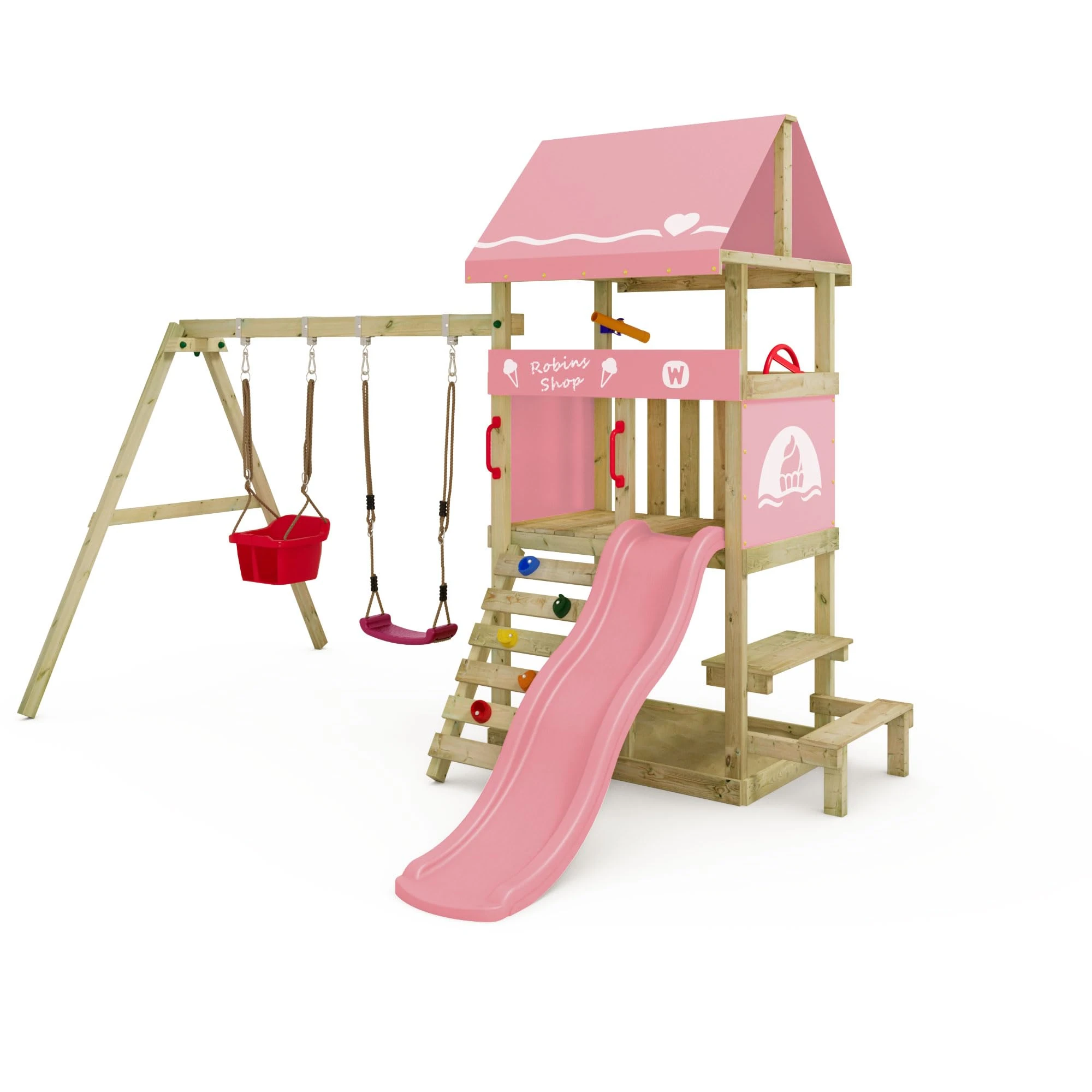 Wickey Climbing Frame DinkyHouse with picnic table - pastel pink slide & tarp - Children's playground for the garden made from solid wood - 334x317x247 cm