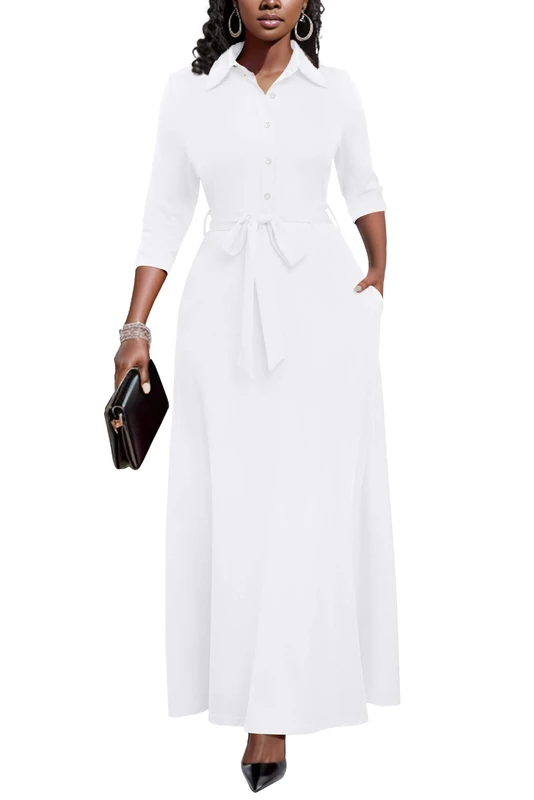 Runwind Women Church Maxi Dresses 3/4 Sleeve Button Down Print Casual Office Dress African, White, M - Image 1