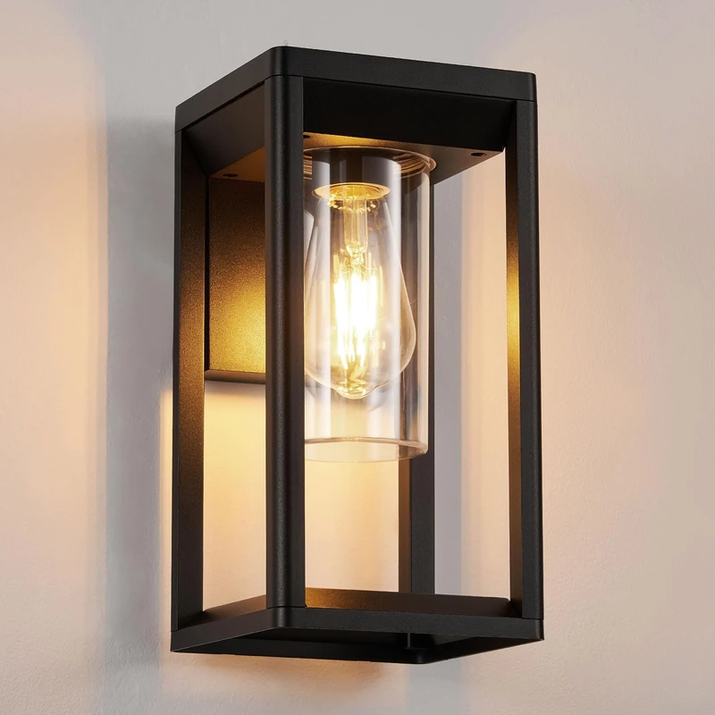 HARPER LIVING Outdoor Wall Lights Lantern Mains Powered, IP65 Weatherproof Black Aluminum, E27 Socket Outside Wall Lamp with Clear Shade, Security Lights for Porch Front Door Garden Patio, Rectangle
