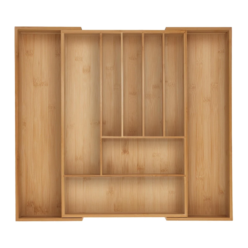 Relaxdays Cutlery Tray, 7-9 Compartments, 6 x 34-56 x 50 cm, Extendable Drawer Organiser, Bamboo, Kitchen, Natural - Image 1