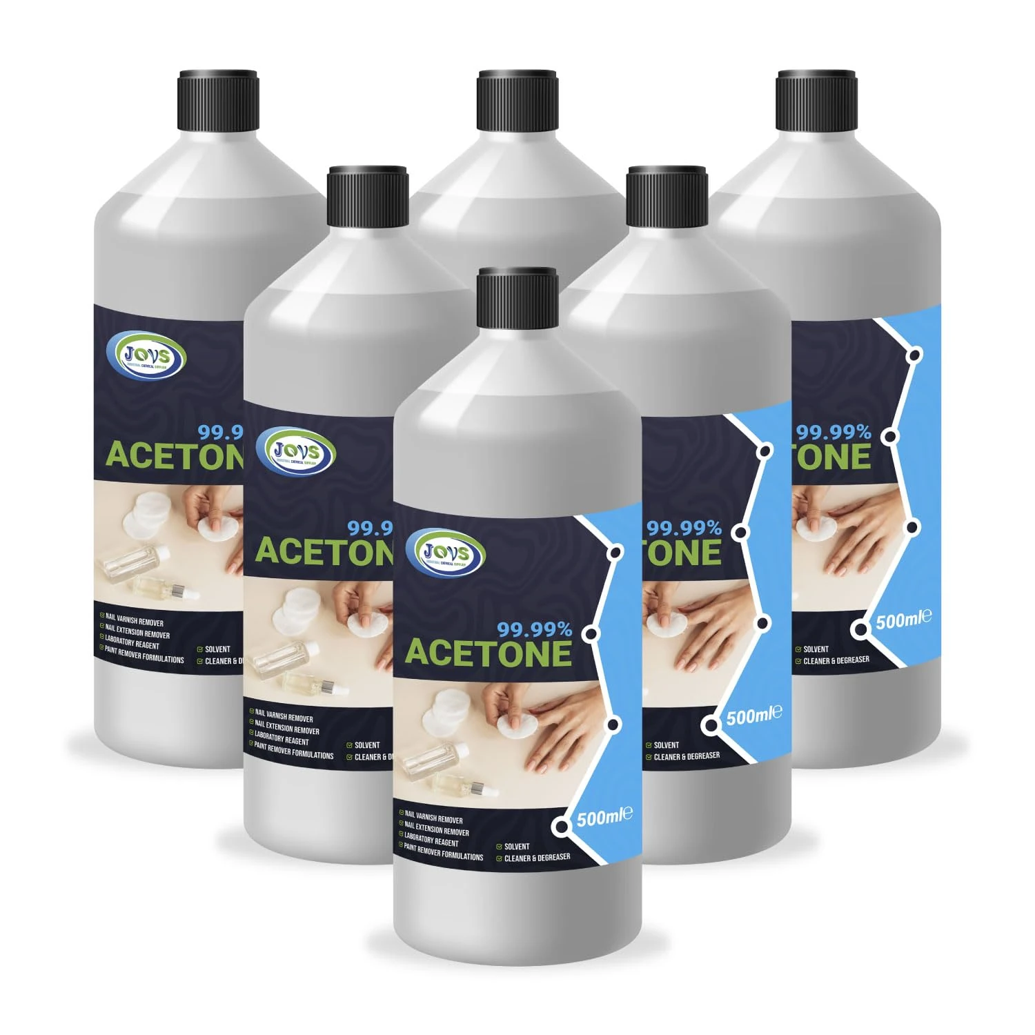 JOVS 99.99% 6x 500 ml Pure Acetone – High-Strength Nail Polish Remover for Gel Nails, Acrylics, & Nail Glue | Multi-Purpose Solvent for Salon & Home Use | Removes Paint, Varnish, and Adhesives