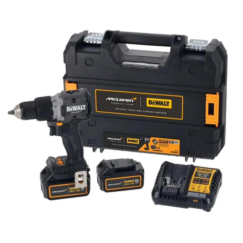 DeWalt DCD85MP2T McLaren F1 18V XR Cordless Brushless Combi Hammer Drill with 2 x 5AH Batteries, Charger & Case
