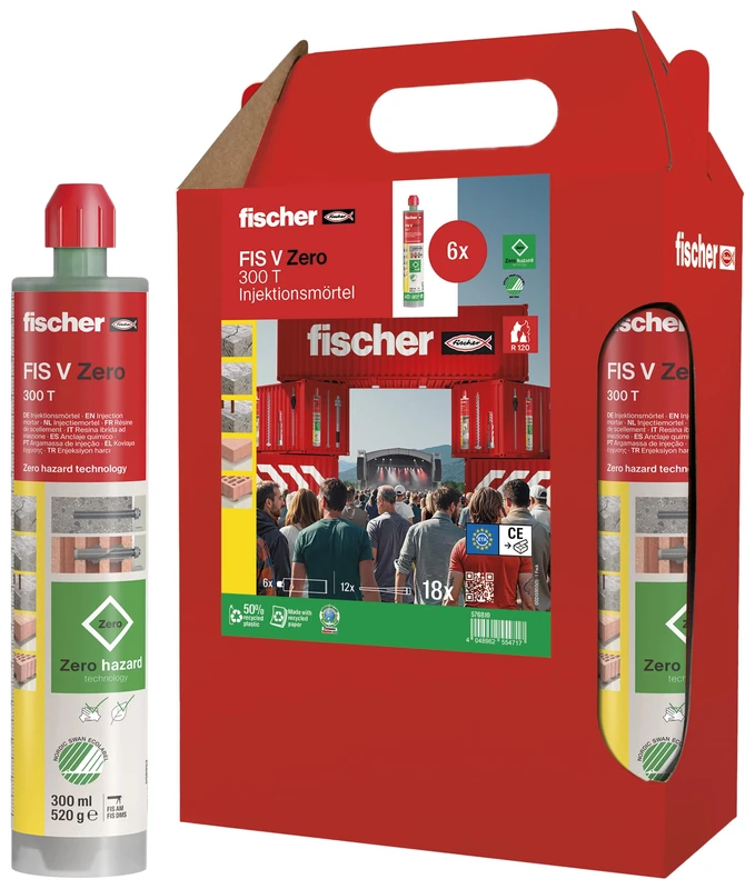 fischer FIS V Zero 300 T Injection Mortar in a Handy Six Pack, the Environmentally Friendly, Weatherproof Mounting Mortar for Secure Anchoring in Concrete and Masonry, 6 Cartridges 300 ml Each