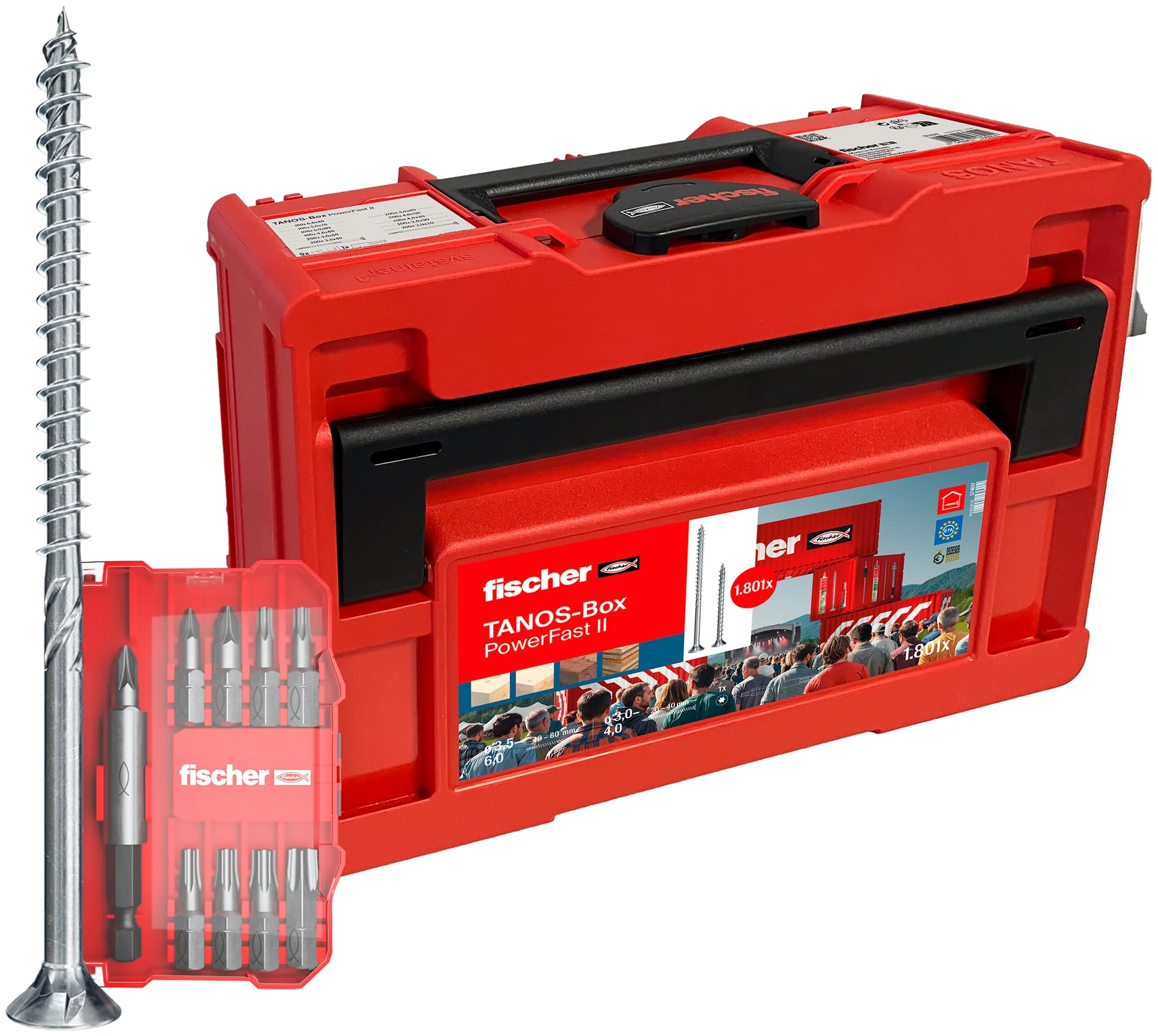 fischer Tanos-Box PowerFast II, 1,801-Piece Screw Set, Chipboard Screws with Countersunk Head, Inner Star TX, Full and Partial Thread, for Quick and Flexible Processing, Includes ProfiBit Set
