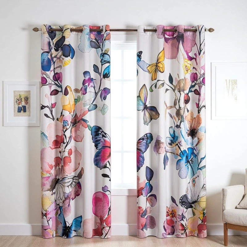 Floral Patterned Blackout Curtains 84 inch Length 2 Panels Set for Bedroom Living room Decor Colorful Butterfly and Flower Printed Thermal Insulated Drapes Black Out Window Curtain Panel 52 x 84 inch