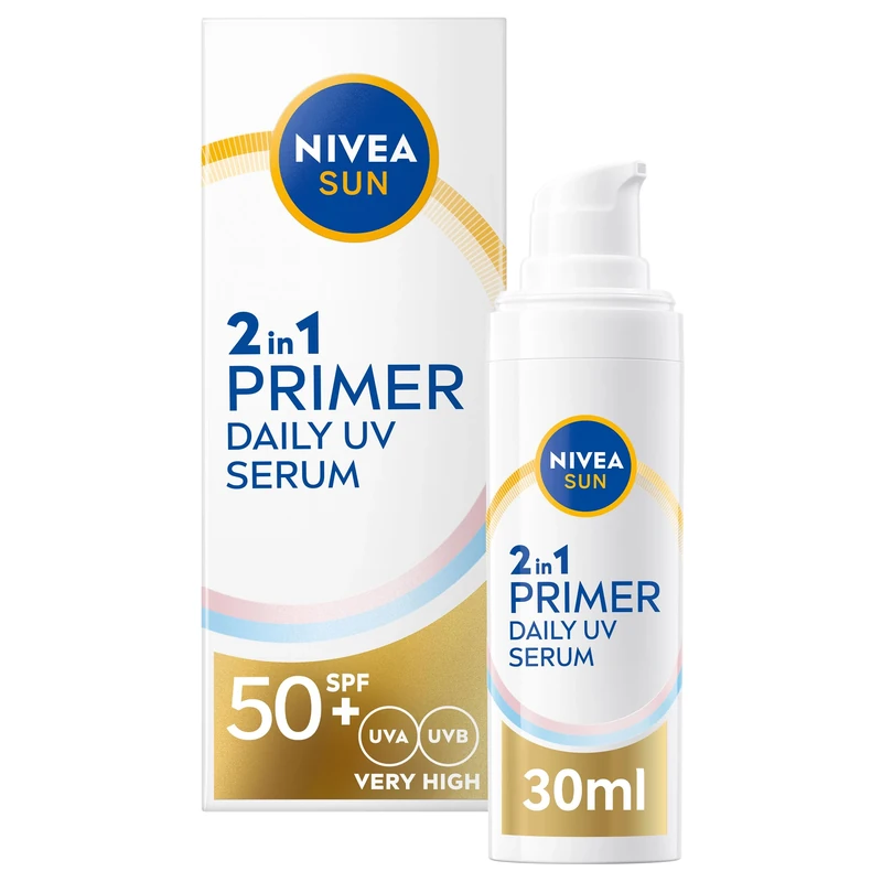 NIVEA SUN UV 2in1 Primer Daily UV Serum SPF50+ (30ml), Frangrance-Free Sunscreen with High SPF, Ideal as Makeup Base, Moisturising Formula with Hyaluron, No White Cast