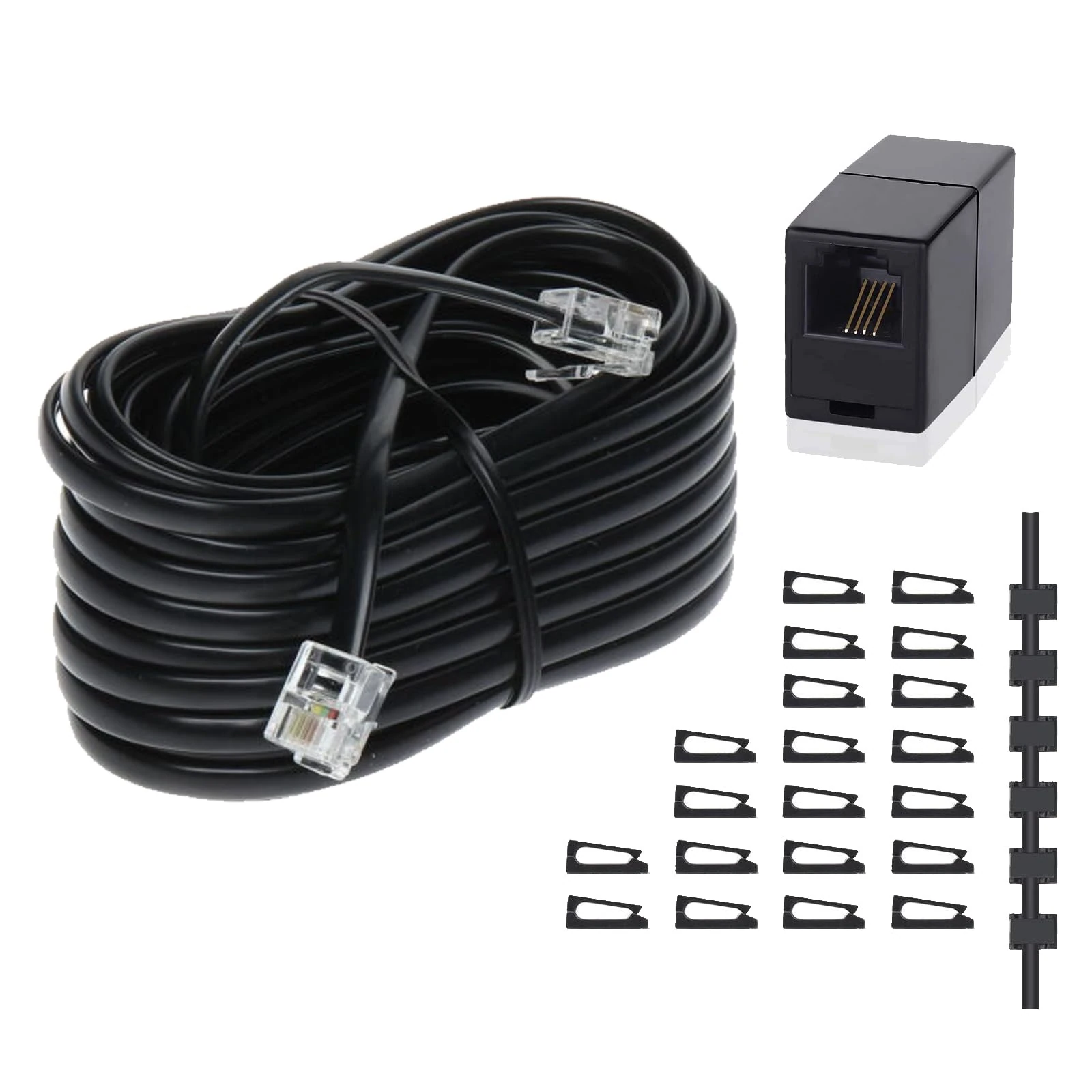 HAWAKA Phone Extension Cord 33FT, Long Telephone Cable with Standard RJ11 Plug and 1 in-Line Couplers and 20 Cable Clip Holders