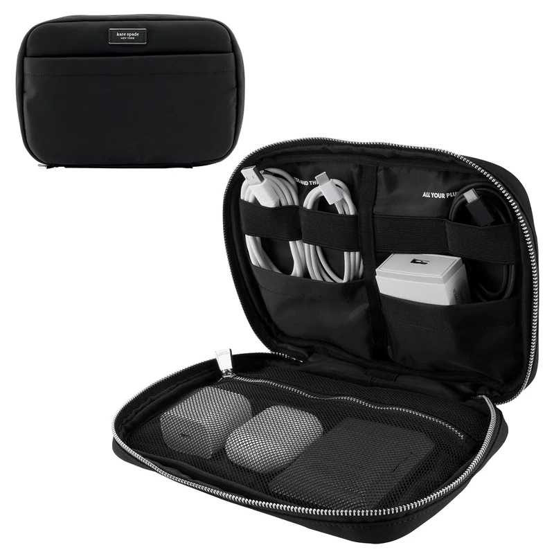 Kate Spade New York Nylon Tech Organizer Pouch - Electronics Organizer for Cables, Chargers, Power Bank, AirPods, and Accessories - Signature Black - Image 1
