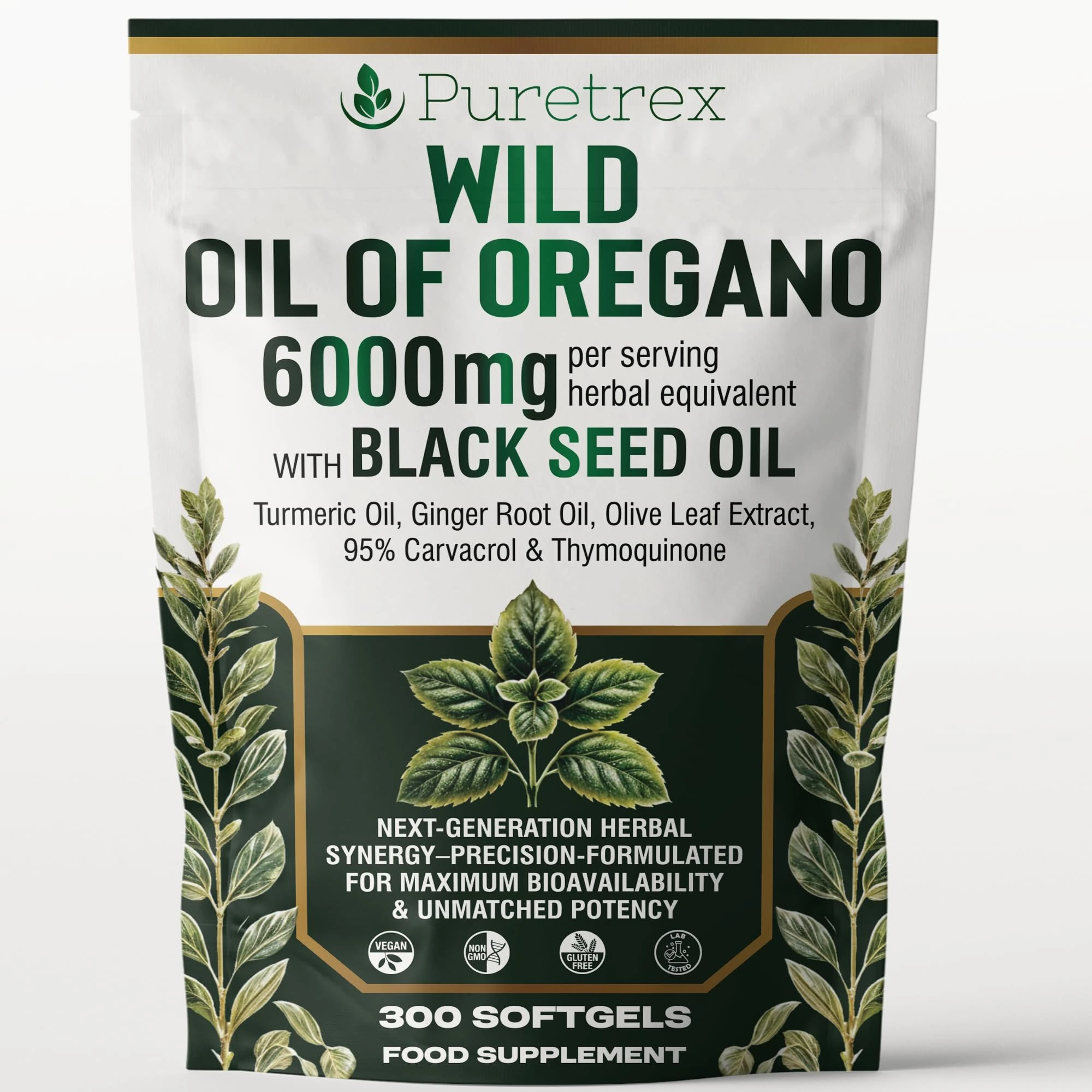 PURETREX Wild Oregano Oil 6000mg with Black Seed, Turmeric & Ginger – 300 Softgels | 95% Carvacrol for Immune & Gut Support | High-Potency Herbal Blend